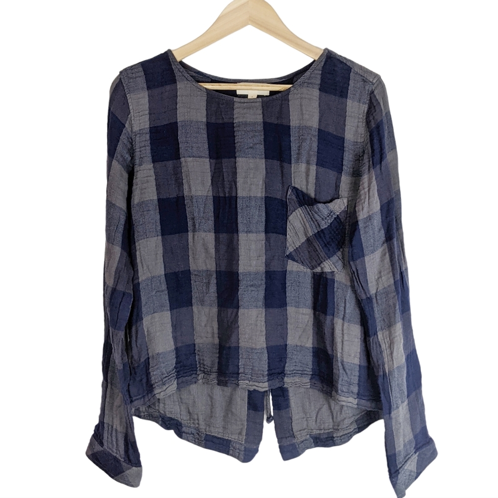 Anthropologie Cloth & Stone Plaid Gauze Lace Up Back Pullover Shirt Blouse Sz L